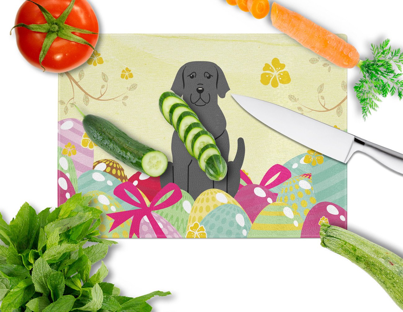Easter Eggs Black Labrador Cutting Board Tempered Glass Kitchen Cutting Surface, Heat Resistant Chopping, Non-Slip Feet, Food Prep & Serving