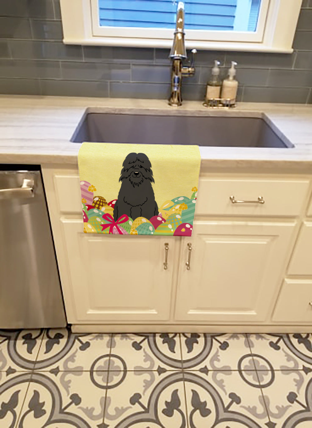 Easter Eggs Bouvier des Flandres Kitchen Towel Velour Plush Front and Cotton Loop Back Machine Washable