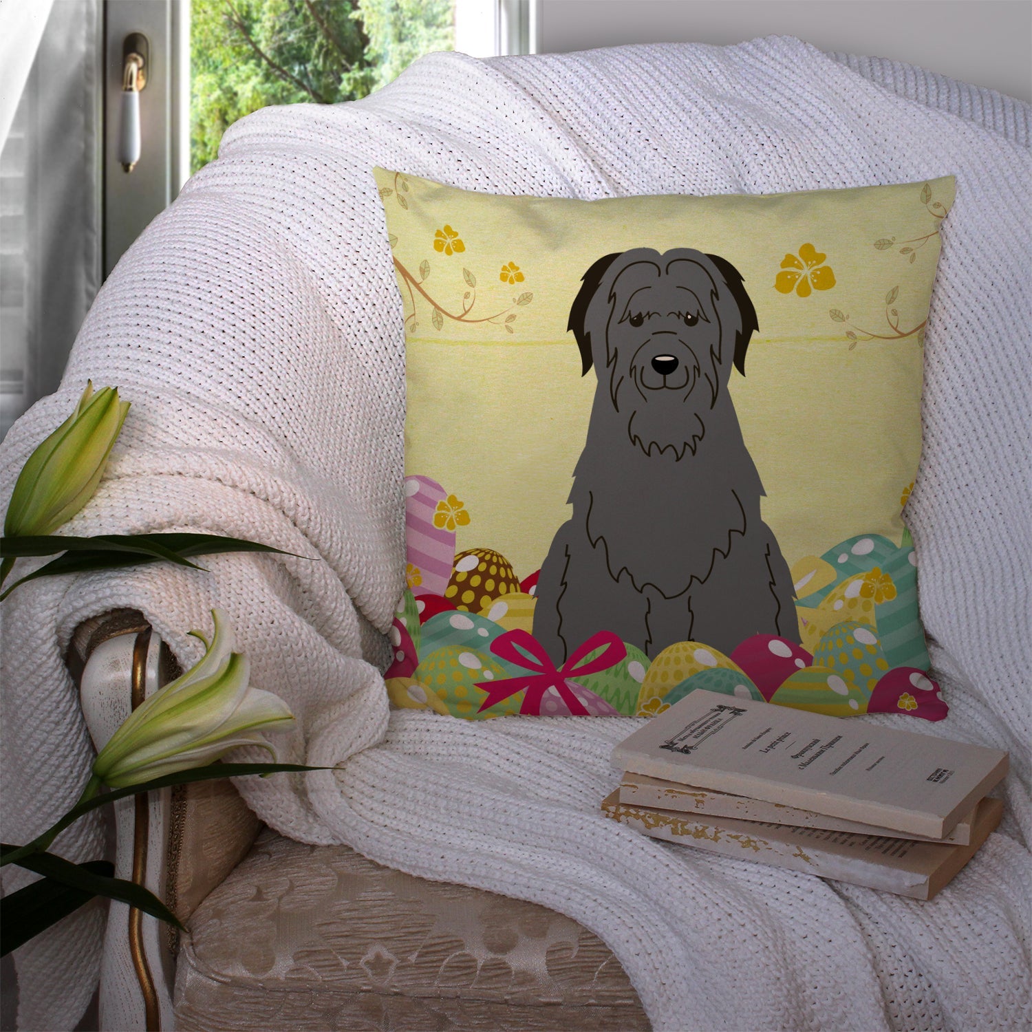 Easter Eggs Briard Black Decorative Throw Pillow 14x14 Indoor Outdoor Accent Cushion, Fabric Cover with Insert for Sofa, Bed, Porch & Living Room