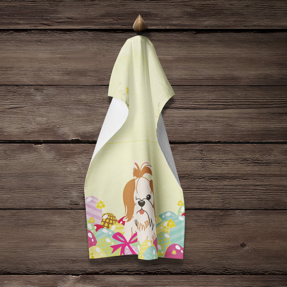 Easter Eggs Shih Tzu Red White Kitchen Towel Velour Plush Front and Cotton Loop Back Machine Washable