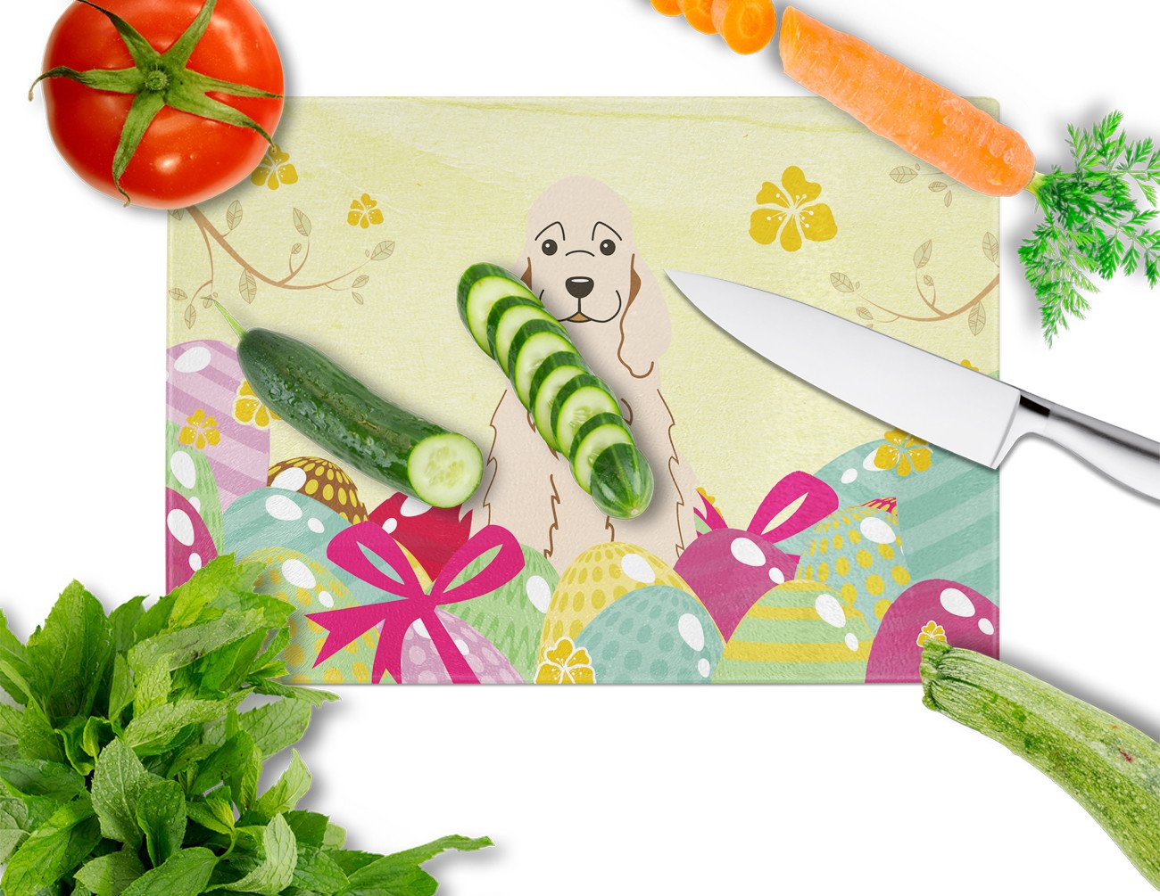 Easter Eggs Cocker Spaniel Buff Cutting Board Tempered Glass Kitchen Cutting Surface, Heat Resistant Chopping, Non-Slip Feet, Food Prep & Serving