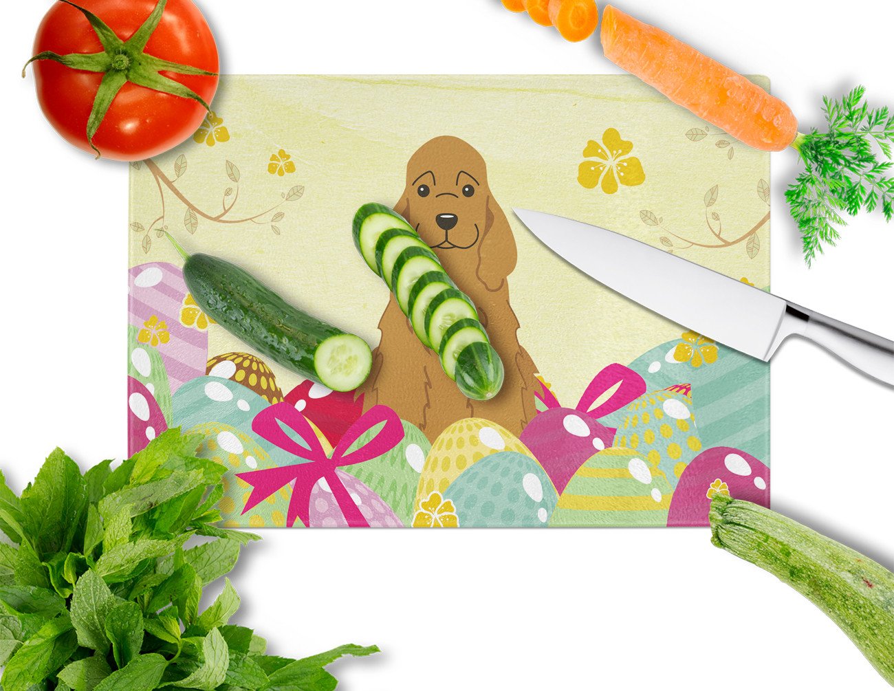 Easter Eggs Cocker Spaniel Red Cutting Board Tempered Glass Kitchen Cutting Surface, Heat Resistant Chopping, Non-Slip Feet, Food Prep & Serving