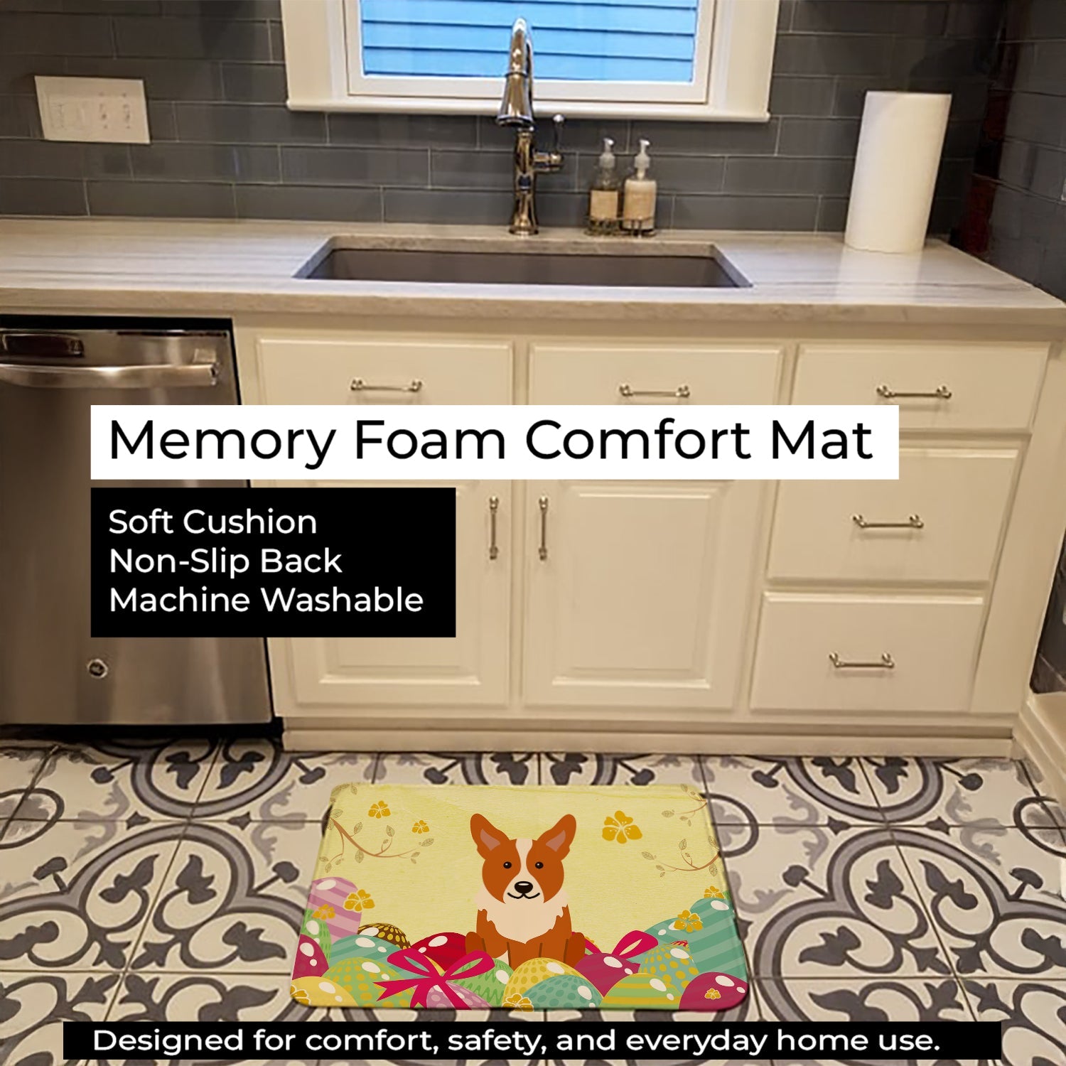 Easter Eggs Corgi Memory Foam Kitchen Mat Machine Washable Anti-Fatigue Cushion Comfort Bath or Kitchen Rug