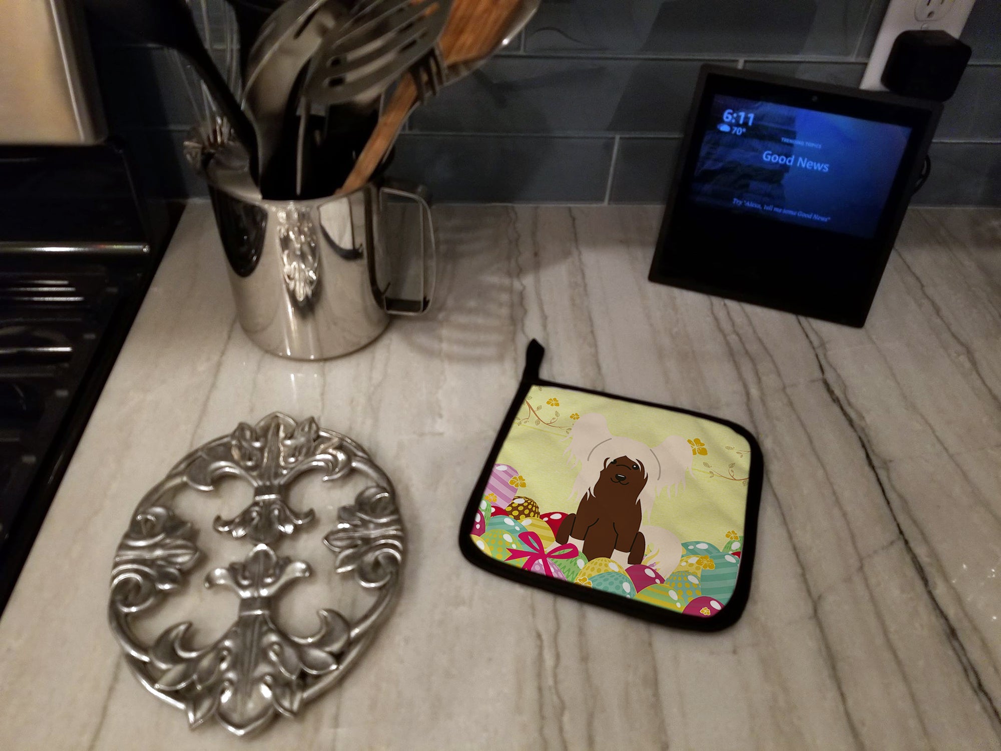 Easter Eggs Chinese Crested Cream Pot Holder Set of 2 Heat Resistant Quilted Hot Pads 7.5 x 7.5 Inch, Insulated Kitchen Trivets for Cooking & Baking