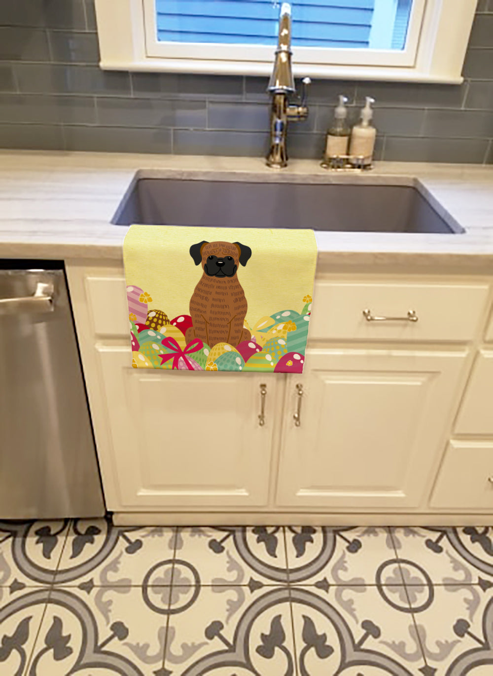 Easter Eggs Brindle Boxer Kitchen Towel Velour Plush Front and Cotton Loop Back Machine Washable