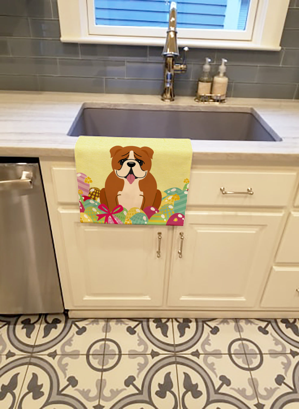 Easter Eggs English Bulldog Red White Kitchen Towel Velour Plush Front and Cotton Loop Back Machine Washable