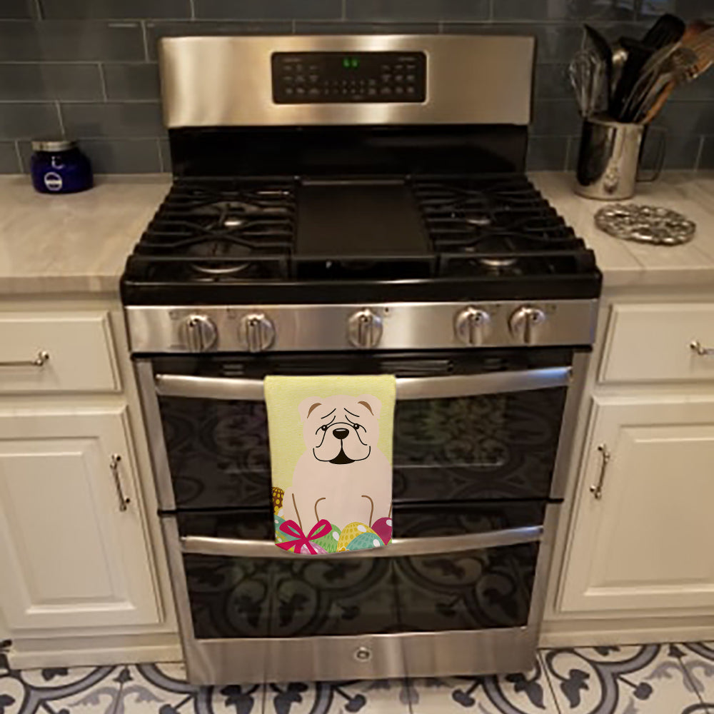 Easter Eggs English Bulldog White Kitchen Towel Velour Plush Front and Cotton Loop Back Machine Washable