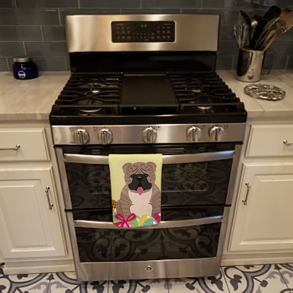Easter Eggs English Bulldog Grey Brindle  Kitchen Towel Velour Plush Front and Cotton Loop Back Machine Washable