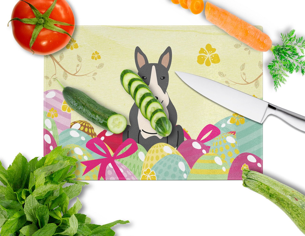 Easter Eggs Bull Terrier Black White Cutting Board Tempered Glass Kitchen Cutting Surface, Heat Resistant Chopping, Non-Slip Feet, Food Prep & Serving