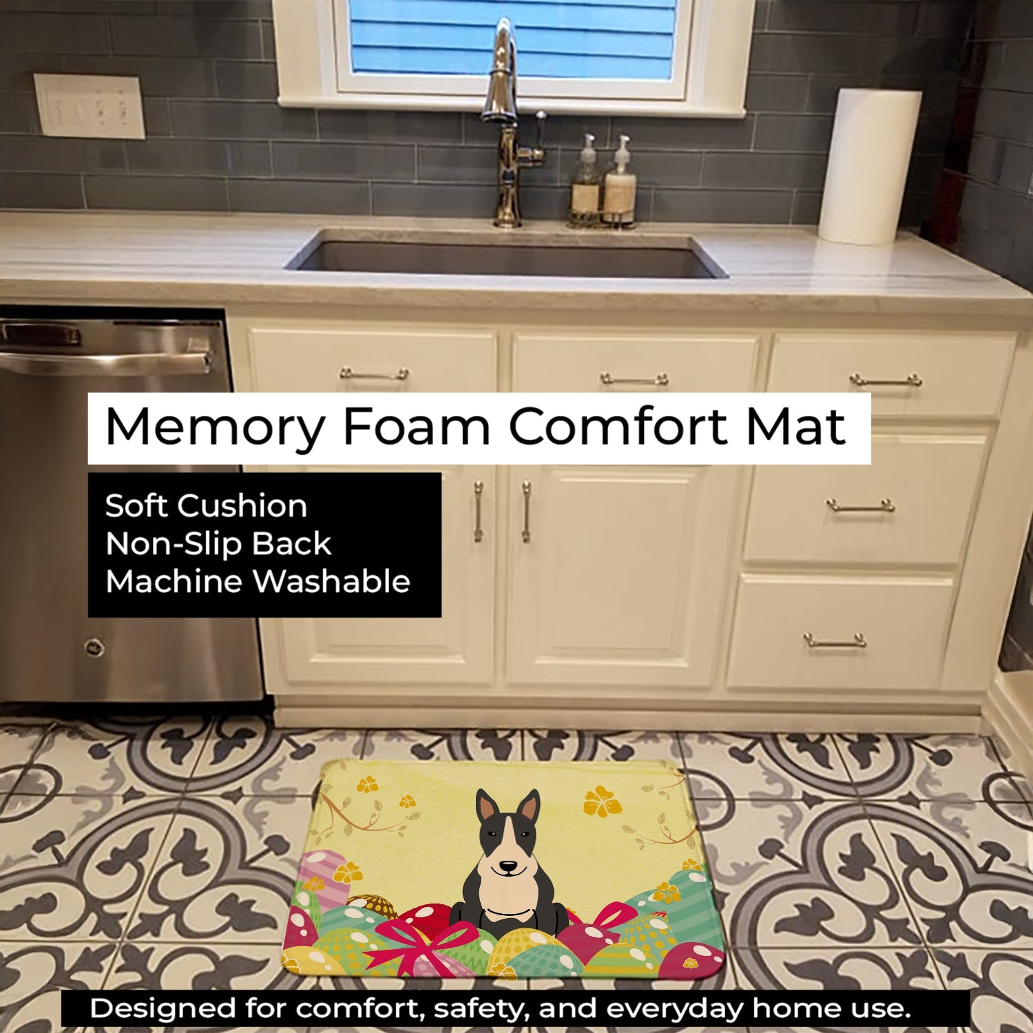 Easter Eggs Bull Terrier Black White Memory Foam Kitchen Mat Machine Washable Anti-Fatigue Cushion Comfort Bath or Kitchen Rug