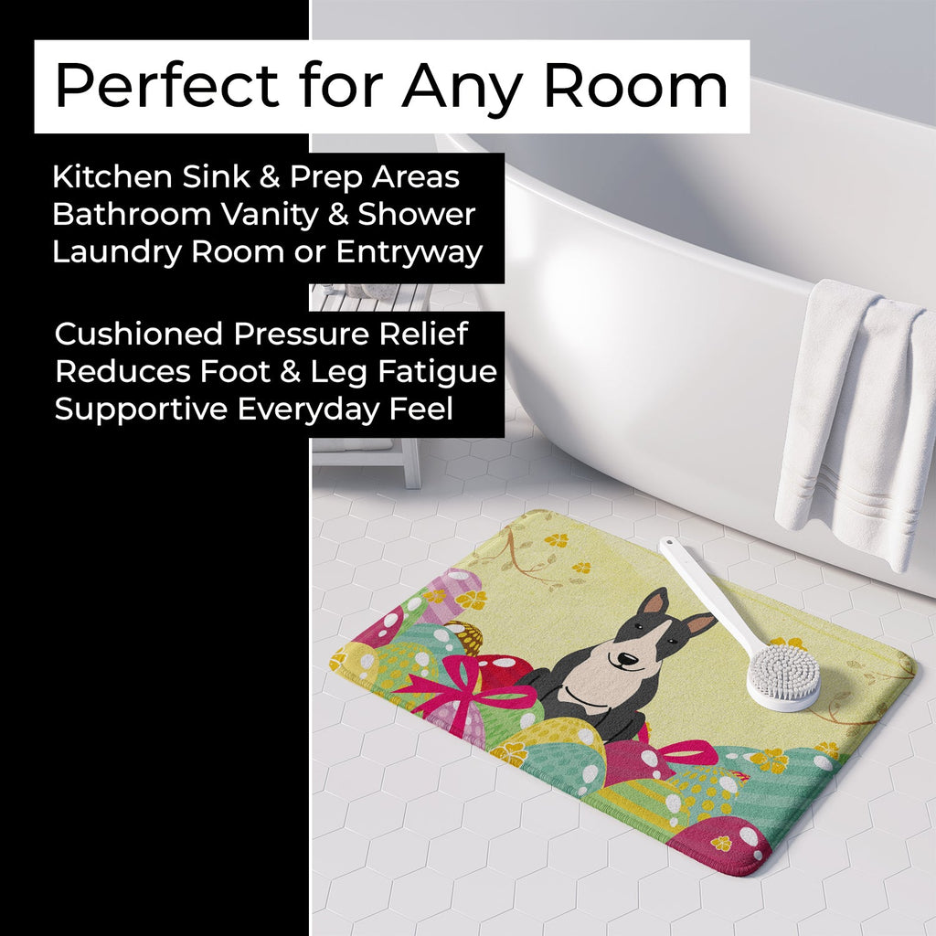 Easter Eggs Bull Terrier Black White Memory Foam Kitchen Mat Machine Washable Anti-Fatigue Cushion Comfort Bath or Kitchen Rug