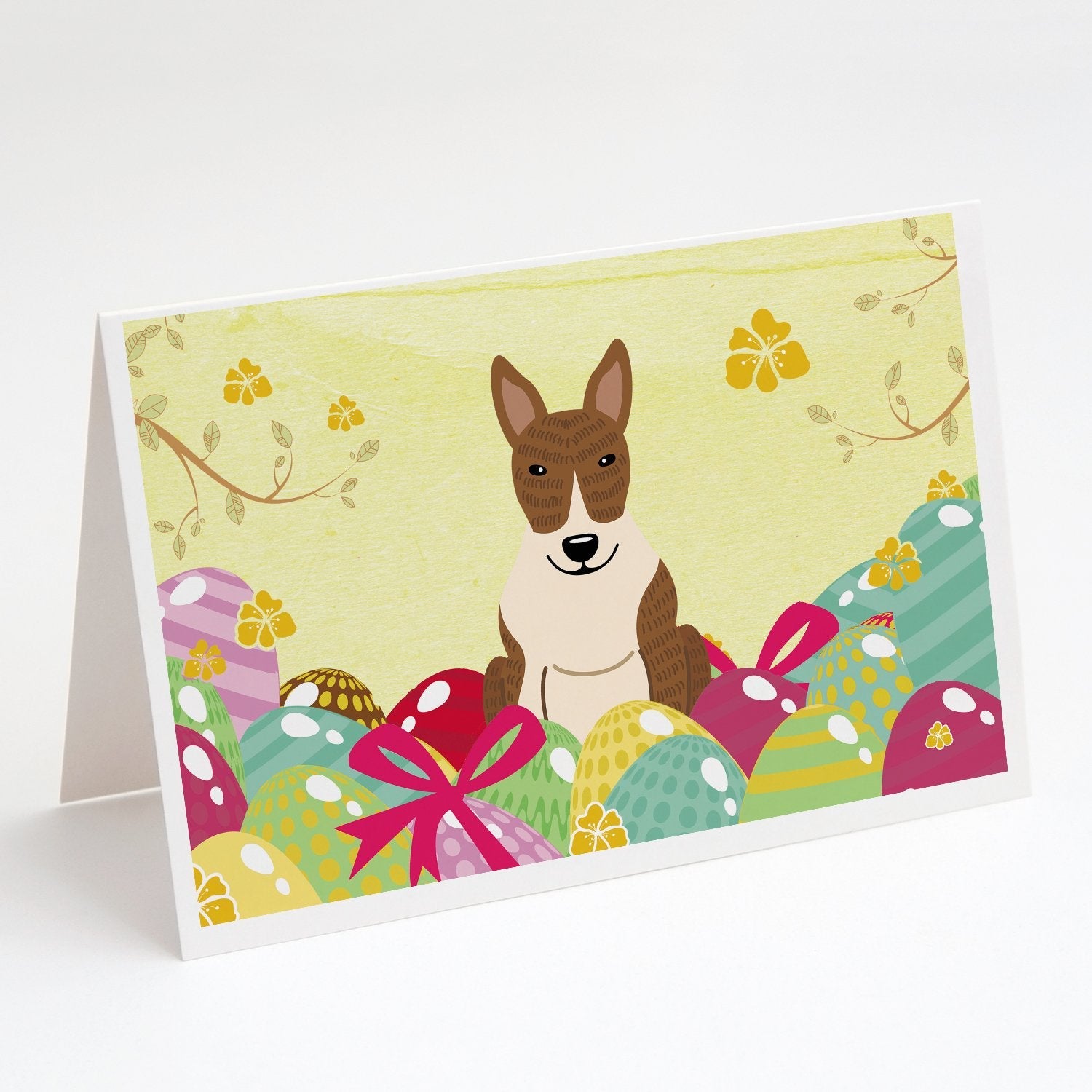 Easter Eggs Bull Terrier Brindle Greeting Cards Pack of 8 Blank Cards with Envelopes Whimsical A7 Size 5x7