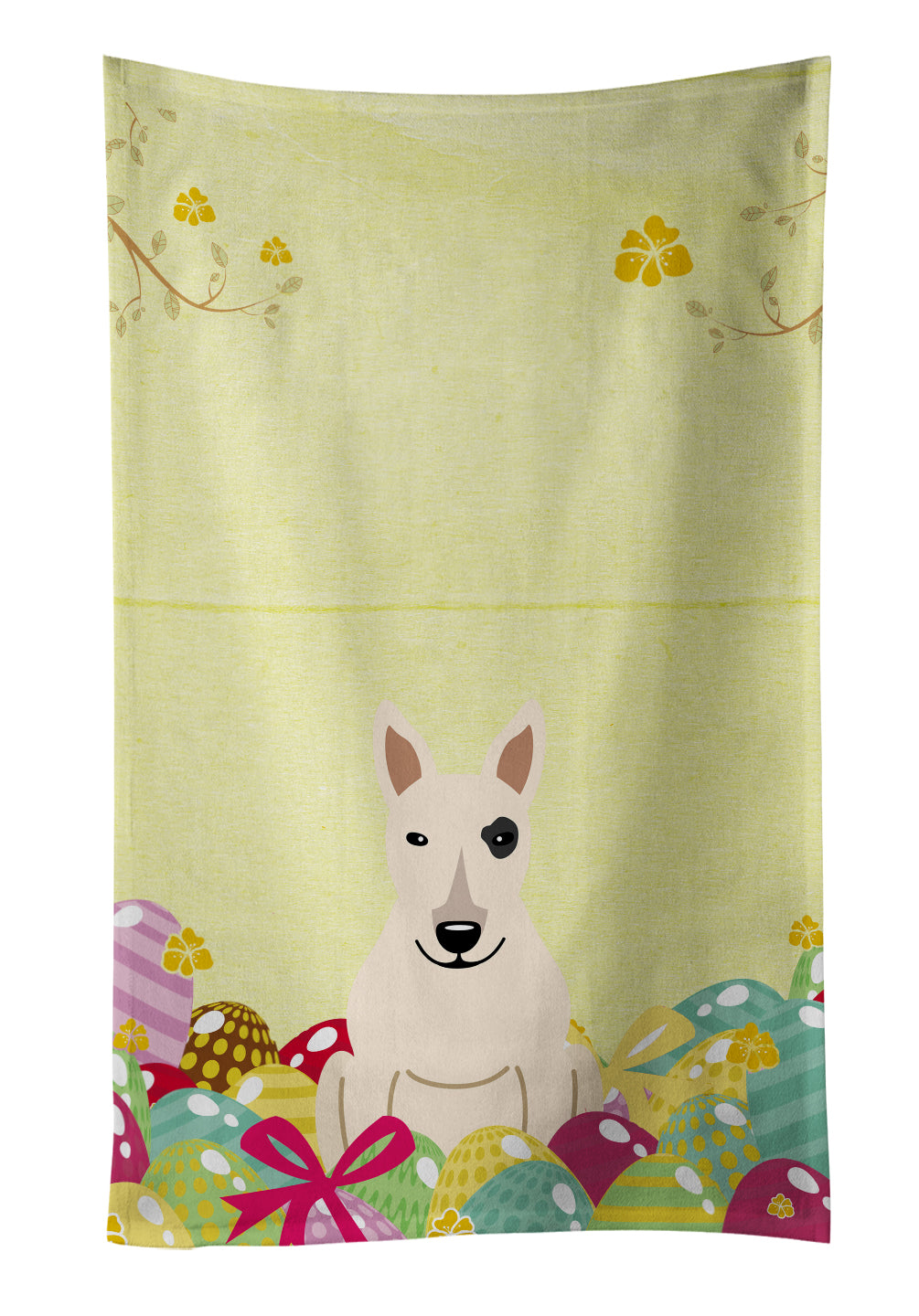 Easter Eggs Bull Terrier White Kitchen Towel Velour Plush Front and Cotton Loop Back Machine Washable