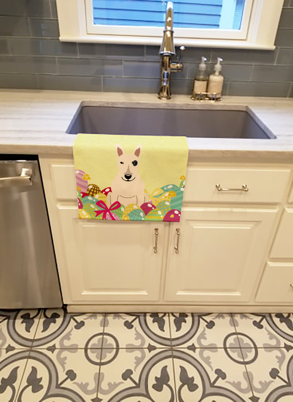 Easter Eggs Bull Terrier White Kitchen Towel Velour Plush Front and Cotton Loop Back Machine Washable