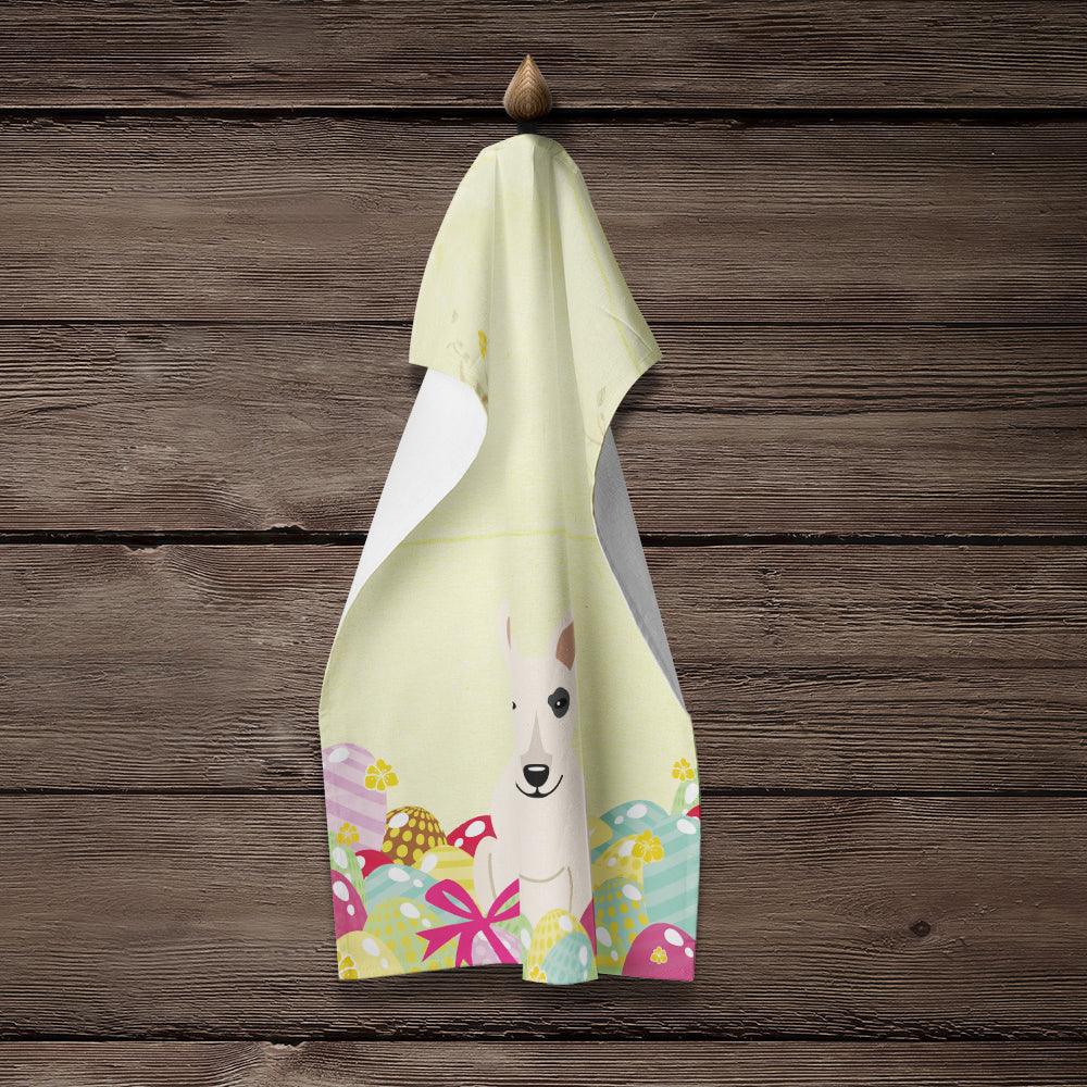 Easter Eggs Bull Terrier White Kitchen Towel Velour Plush Front and Cotton Loop Back Machine Washable