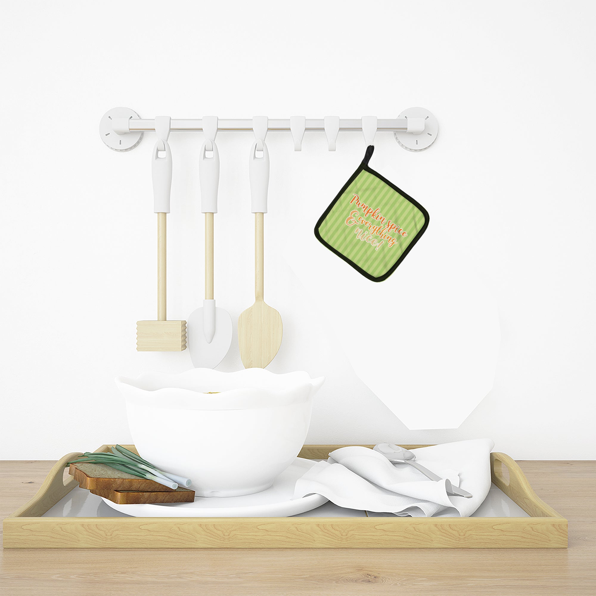 Fall Pumpkin Spice Green Stripe Pot Holder Set of 2 Heat Resistant Quilted Hot Pads 7.5 x 7.5 Inch, Insulated Kitchen Trivets for Cooking & Baking