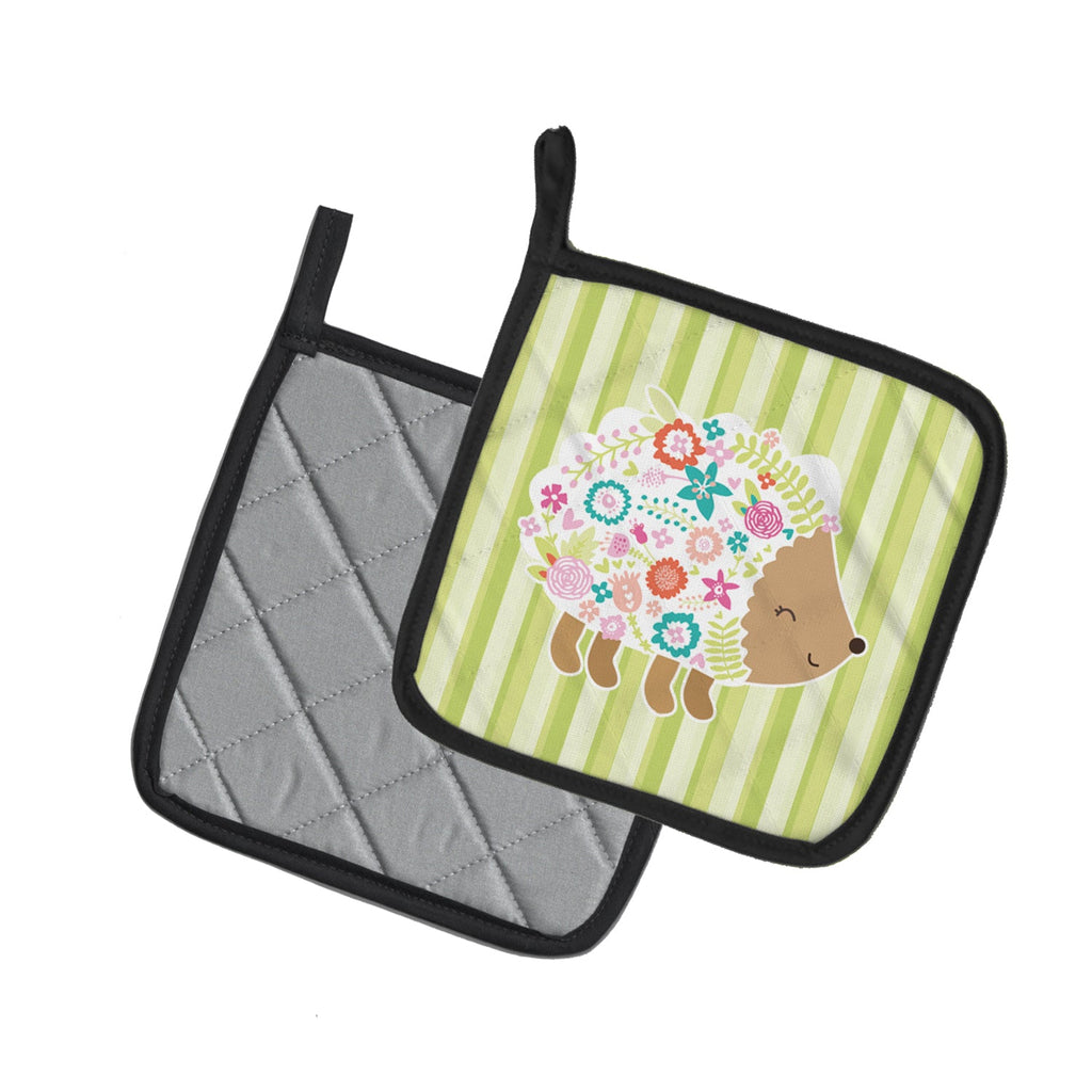 Flowered Hedgehog Pot Holder Set of 2 Heat Resistant Quilted Hot Pads 7.5 x 7.5 Inch, Insulated Kitchen Trivets for Cooking & Baking