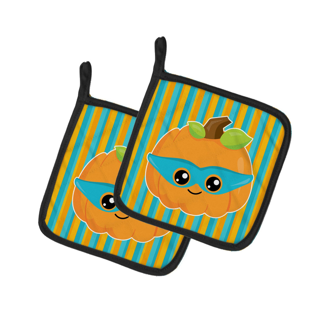 Halloween Pumpkin Superhero Pot Holder Set of 2 Heat Resistant Quilted Hot Pads 7.5 x 7.5 Inch, Insulated Kitchen Trivets for Cooking & Baking
