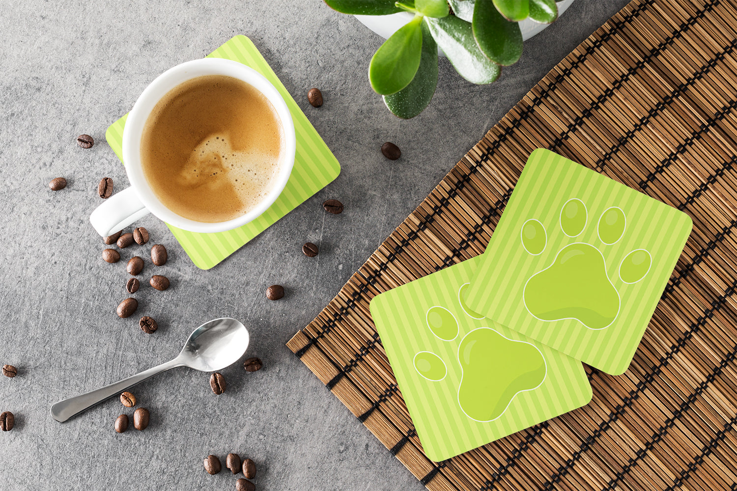 Puppy Pawprint Green Stripes Foam Coasters Set of 4 Cup Coasters for Indoor Outdoor, Tabletop Protection, Anti Slip, Mouse pad Material