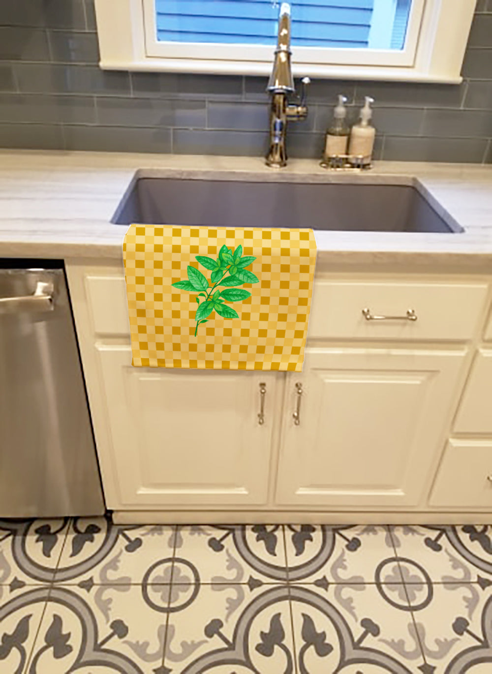 Basil on Basketweave Kitchen Towel Velour Plush Front and Cotton Loop Back Machine Washable