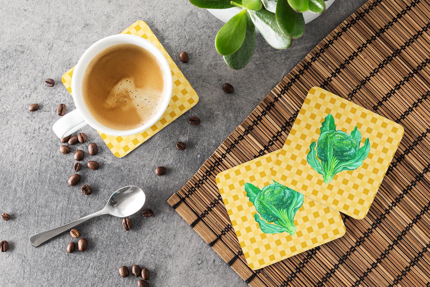 Broccoli on Basketweave Foam Coasters Set of 4 Cup Coasters for Indoor Outdoor, Tabletop Protection, Anti Slip, Mouse pad Material