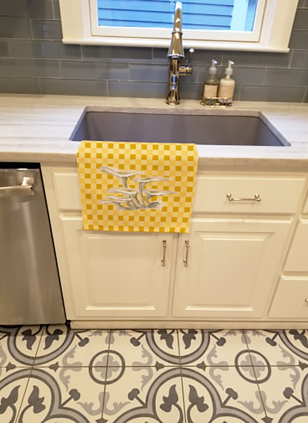 Oyster Mushrooms on Basketweave Kitchen Towel Velour Plush Front and Cotton Loop Back Machine Washable