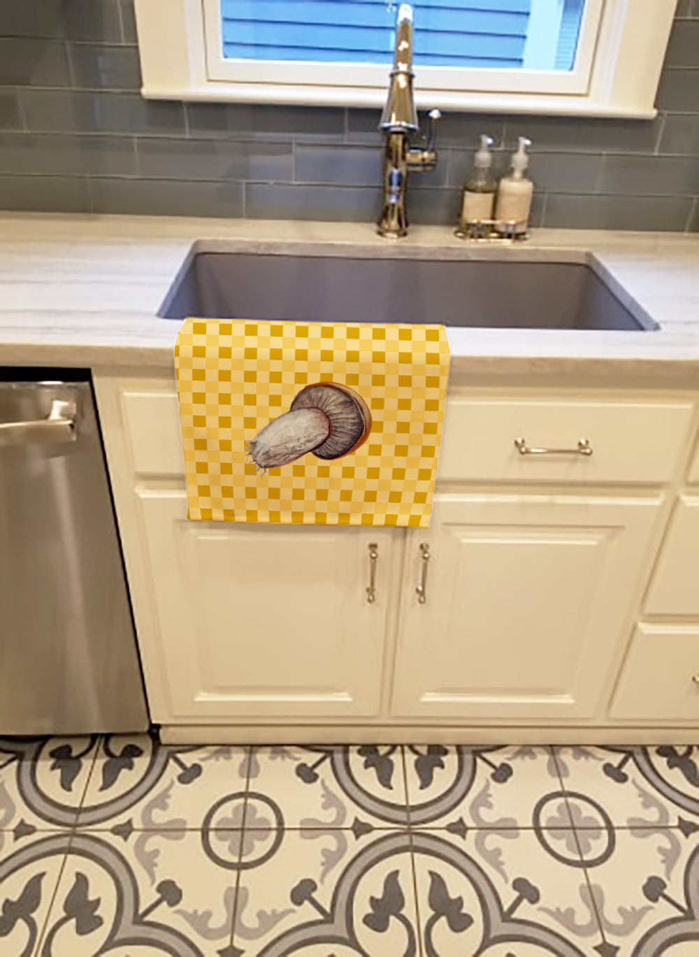 Rotkappe Mushroom on Basketweave Kitchen Towel Velour Plush Front and Cotton Loop Back Machine Washable