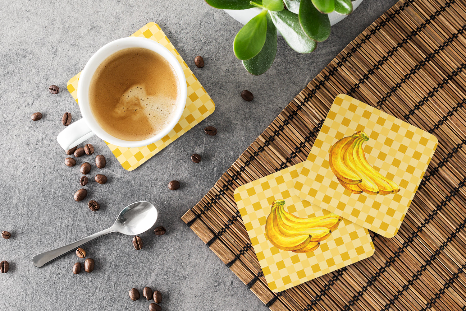 Banana Bunch on Basketweave Foam Coasters Set of 4 Cup Coasters for Indoor Outdoor, Tabletop Protection, Anti Slip, Mouse pad Material