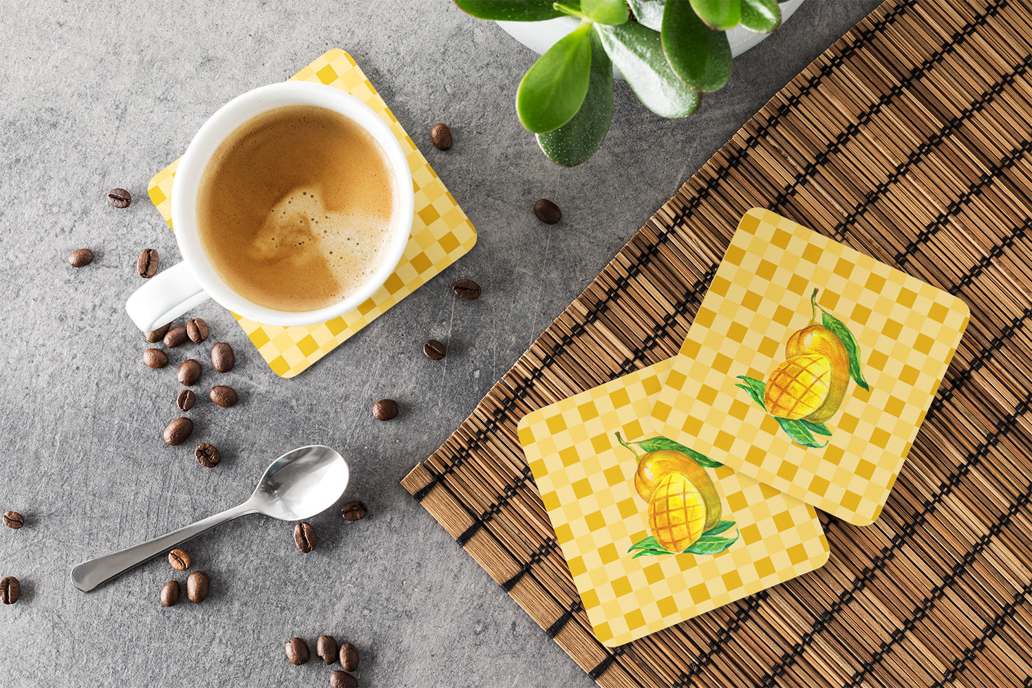 Mangos Ready on Basketweave Foam Coasters Set of 4 Cup Coasters for Indoor Outdoor, Tabletop Protection, Anti Slip, Mouse pad Material