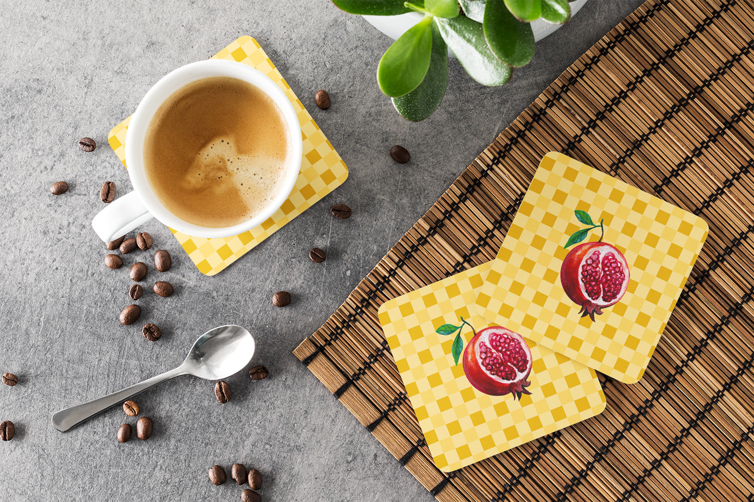 Sliced Pomegranate on Basketweave Foam Coasters Set of 4 Cup Coasters for Indoor Outdoor, Tabletop Protection, Anti Slip, Mouse pad Material