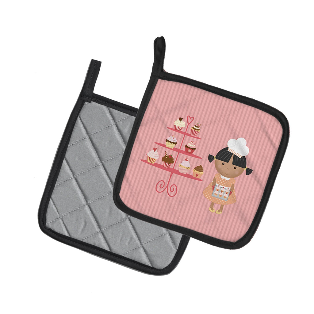 Cupcake Baker African American Pink Pot Holder Set of 2 Heat Resistant Quilted Hot Pads 7.5 x 7.5 Inch, Insulated Kitchen Trivets for Cooking & Baking
