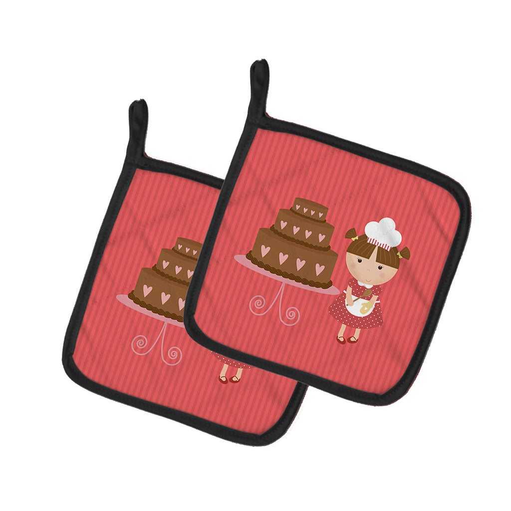 Valentine's Cake Baker Brunette Pot Holder Set of 2 Heat Resistant Quilted Hot Pads 7.5 x 7.5 Inch, Insulated Kitchen Trivets for Cooking & Baking