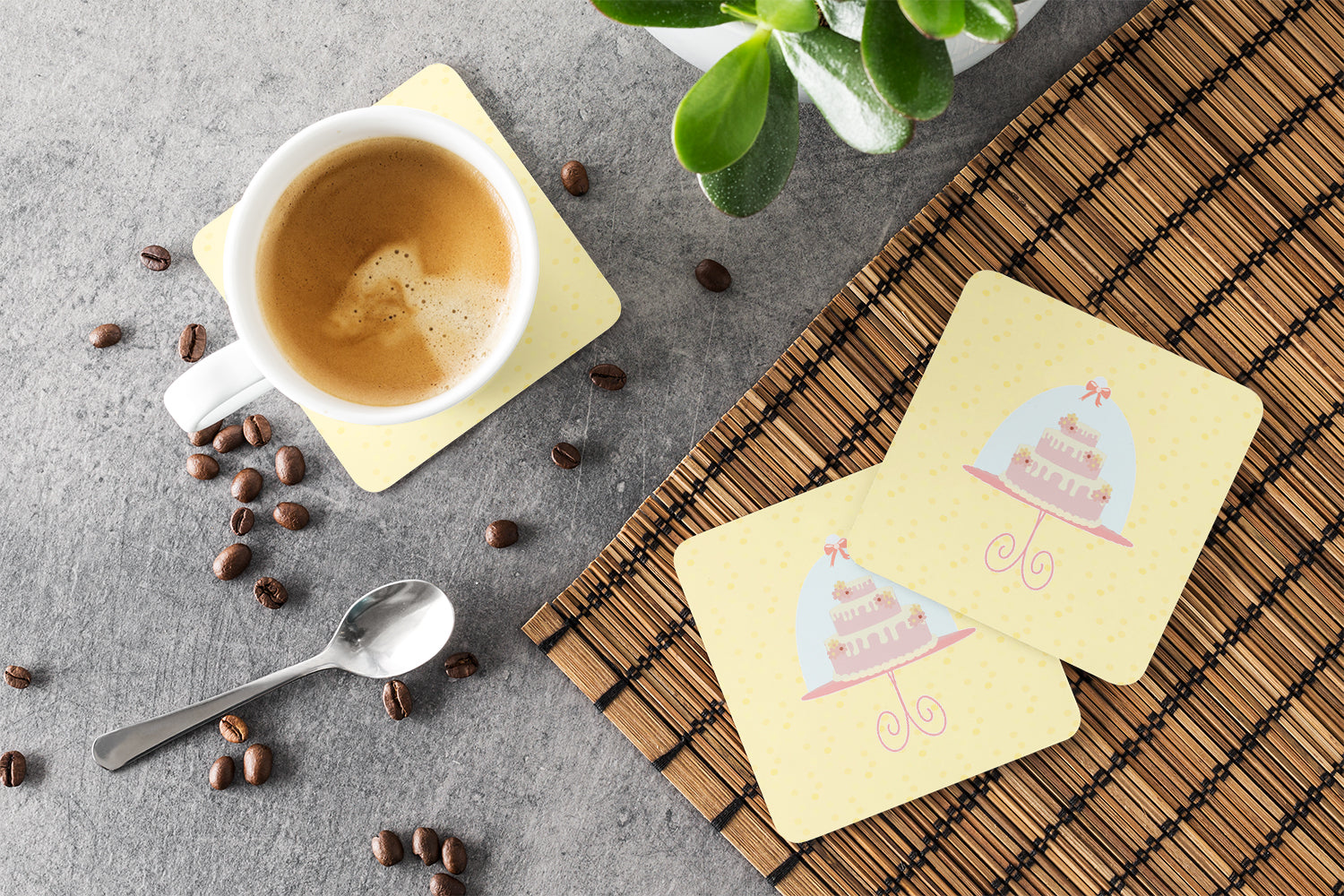 3 Tier Cake on Yellow Foam Coasters Set of 4 Cup Coasters for Indoor Outdoor, Tabletop Protection, Anti Slip, Mouse pad Material