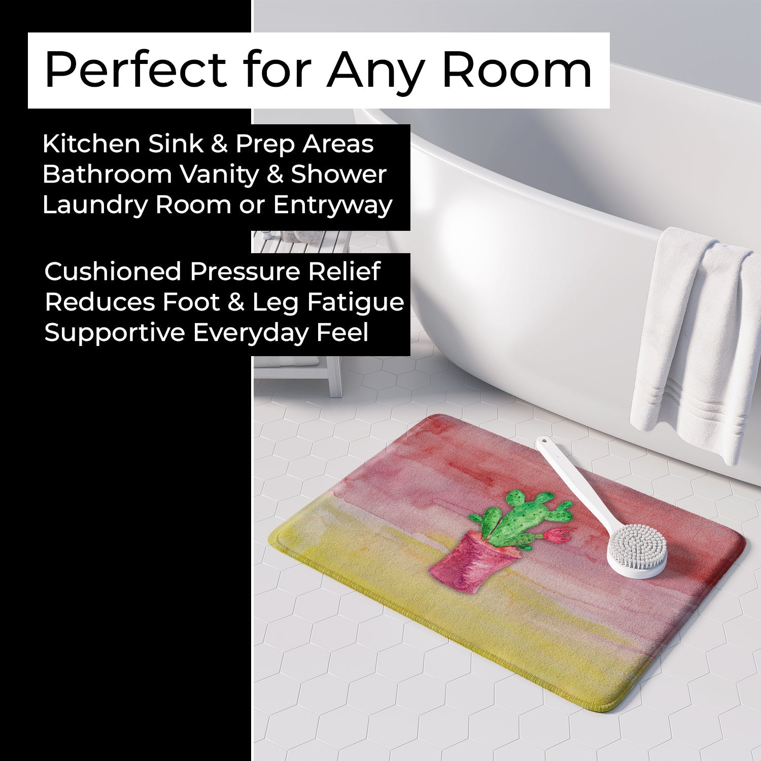 Flowering Cactus Watercolor Memory Foam Kitchen Mat Machine Washable Anti-Fatigue Cushion Comfort Bath or Kitchen Rug