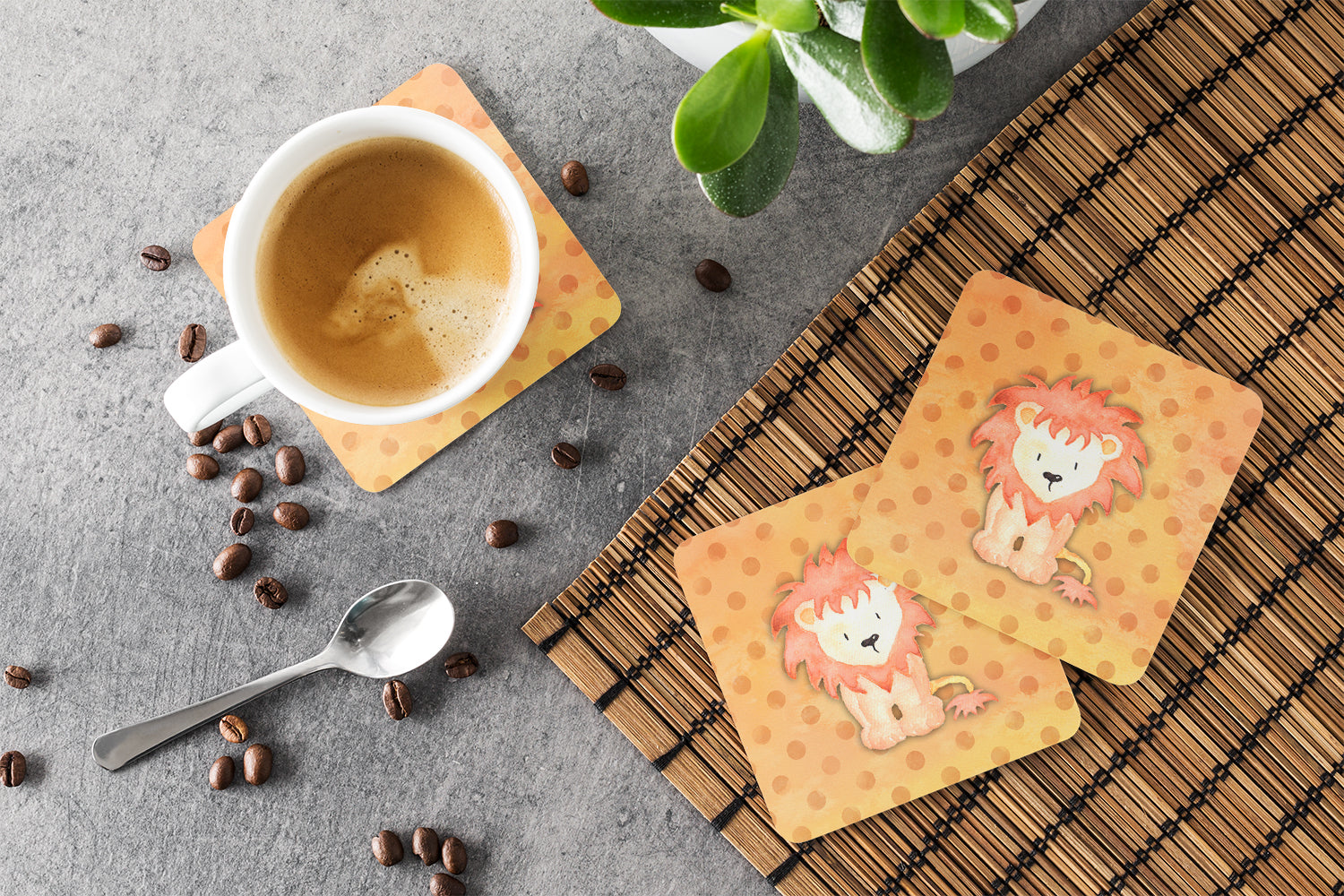 Polkadot Lion Watercolor Foam Coasters Set of 4 Cup Coasters for Indoor Outdoor, Tabletop Protection, Anti Slip, Mouse pad Material