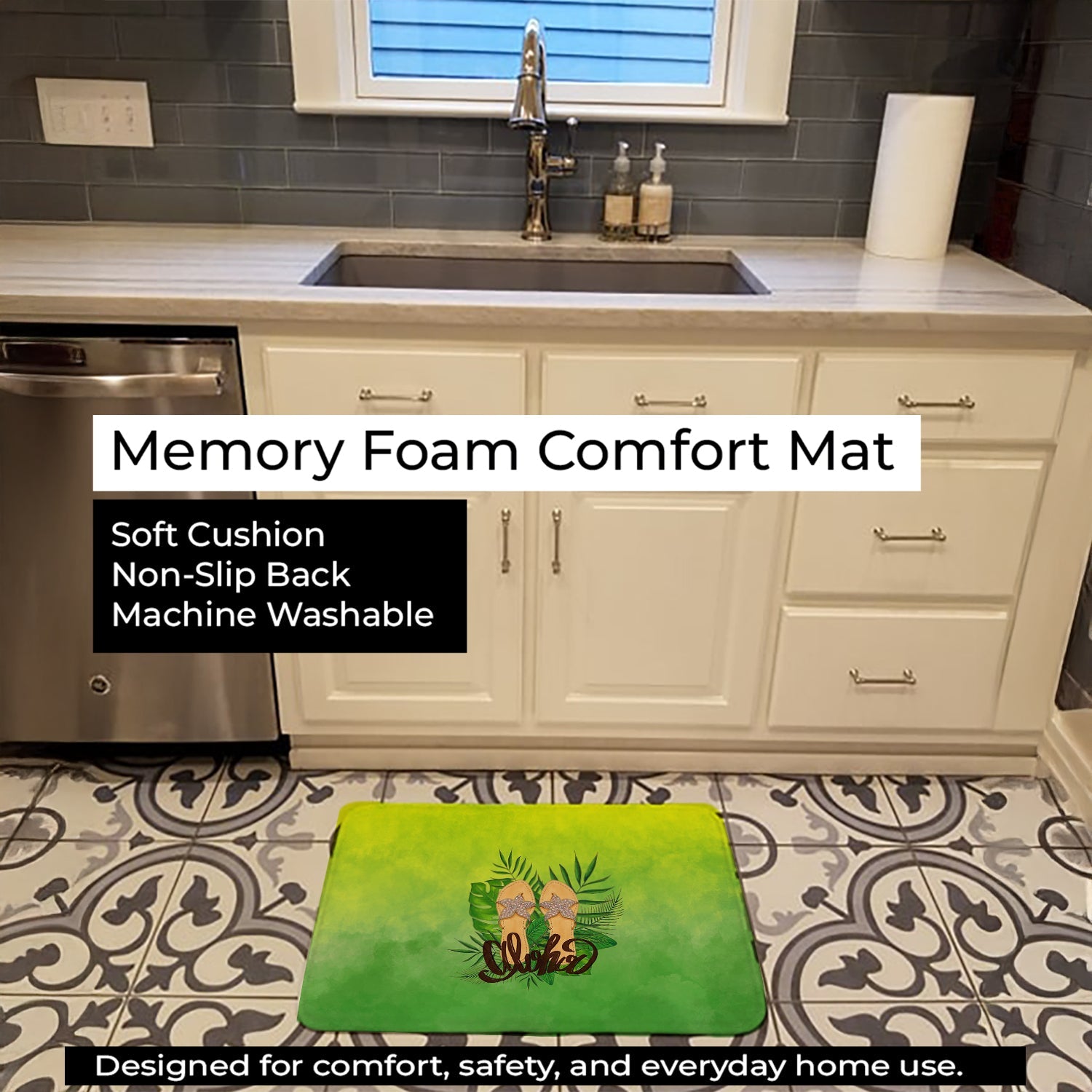 Aloha Flip Flops Memory Foam Kitchen Mat Machine Washable Anti-Fatigue Cushion Comfort Bath or Kitchen Rug