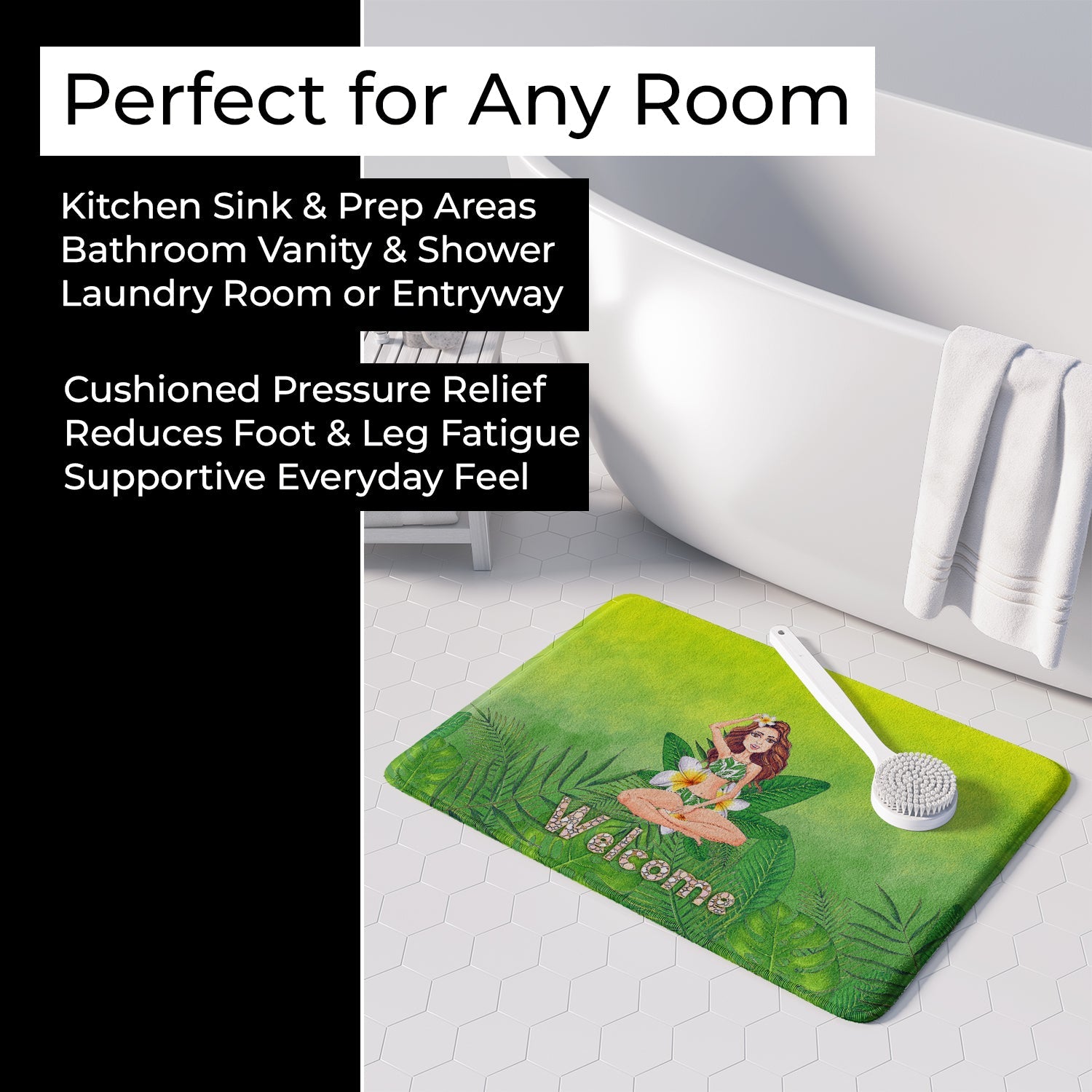 Welcome Lady in Bikini Summer Memory Foam Kitchen Mat Machine Washable Anti-Fatigue Cushion Comfort Bath or Kitchen Rug