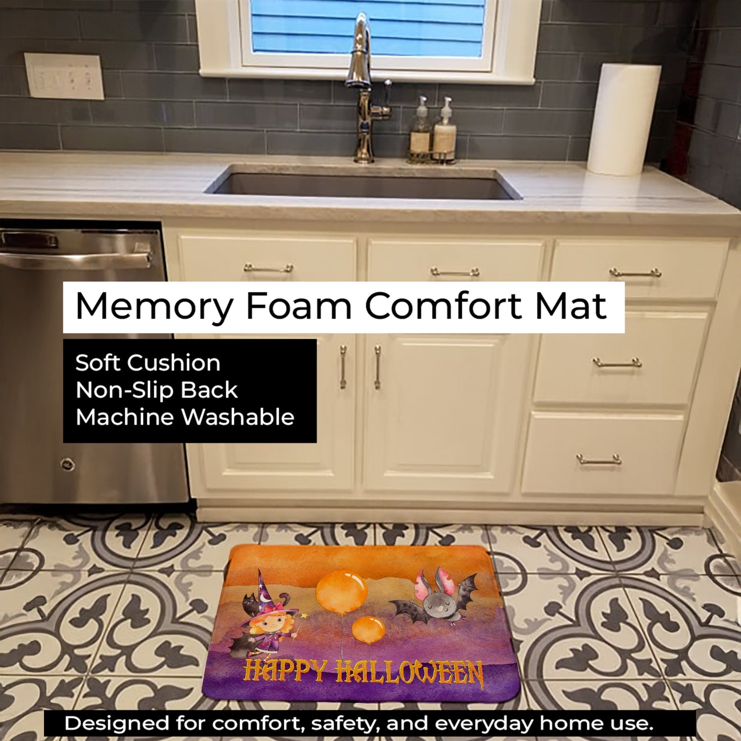 Halloween Little Witch and Bat Memory Foam Kitchen Mat Machine Washable Anti-Fatigue Cushion Comfort Bath or Kitchen Rug