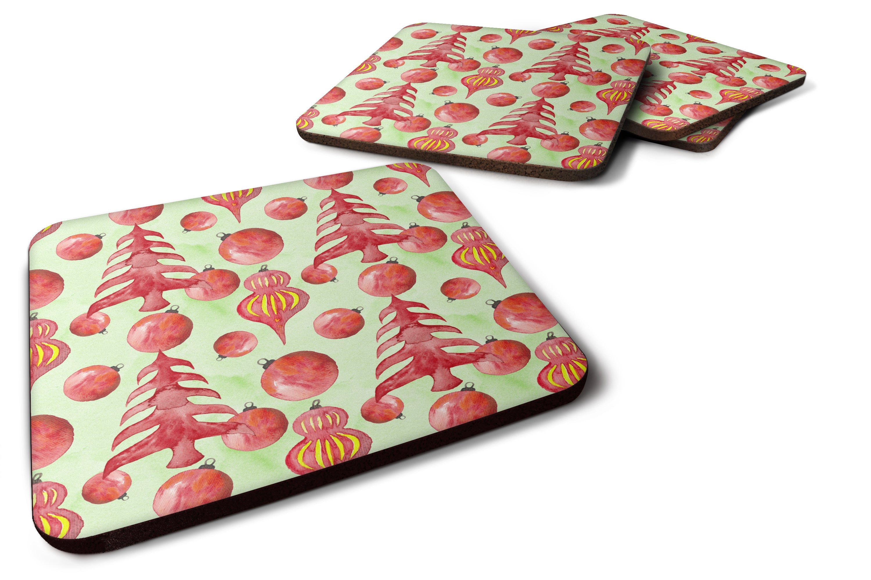 Red Christmas Tree and Ornaments Foam Coasters Set of 4 Cup Coasters for Indoor Outdoor, Tabletop Protection, Anti Slip, Mouse pad Material