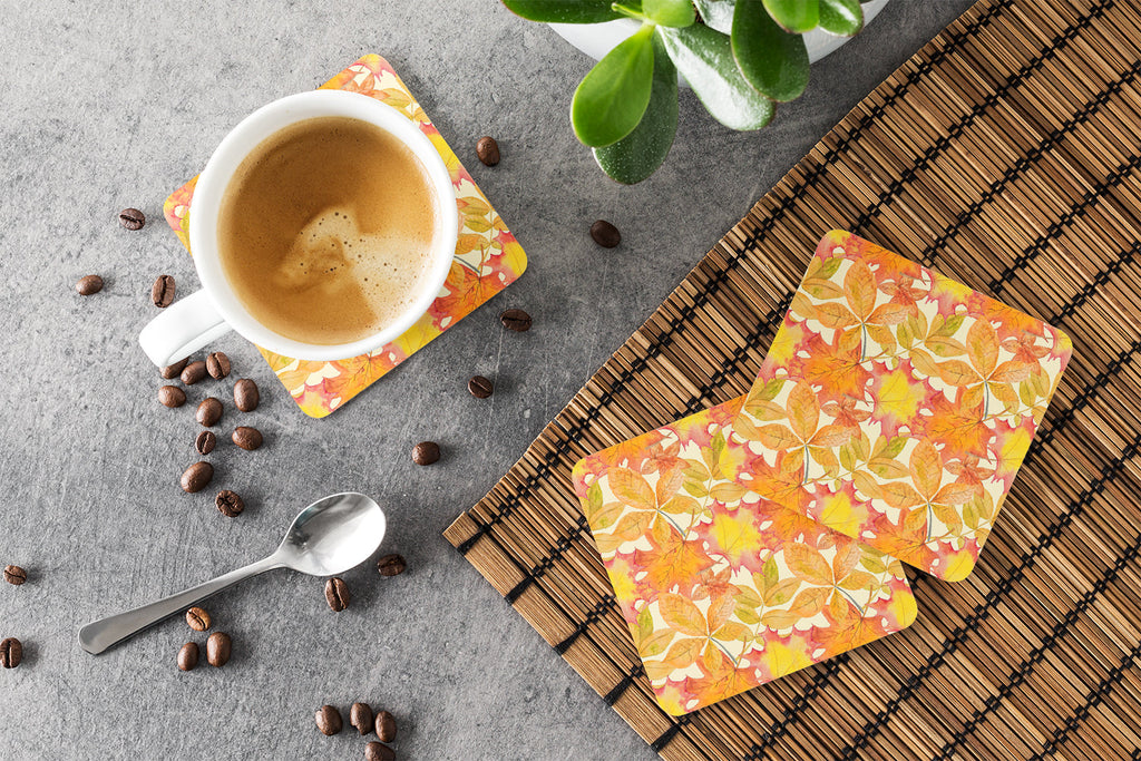 Fall Leaves Watercolor Foam Coasters Set of 4 Cup Coasters for Indoor Outdoor, Tabletop Protection, Anti Slip, Mouse pad Material