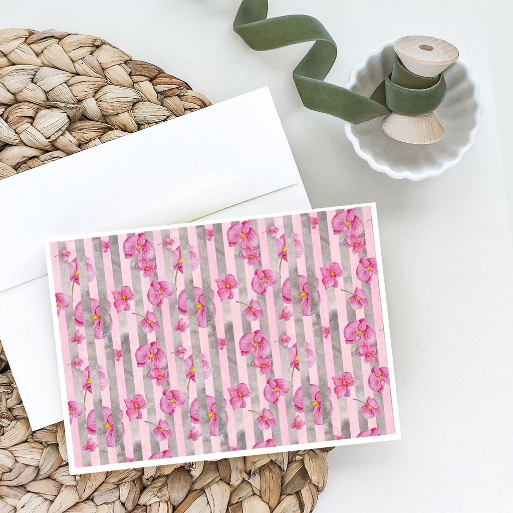 Watercolor Pink Flowers Grey Stripes Greeting Cards Pack of 8 Blank Cards with Envelopes Whimsical A7 Size 5x7