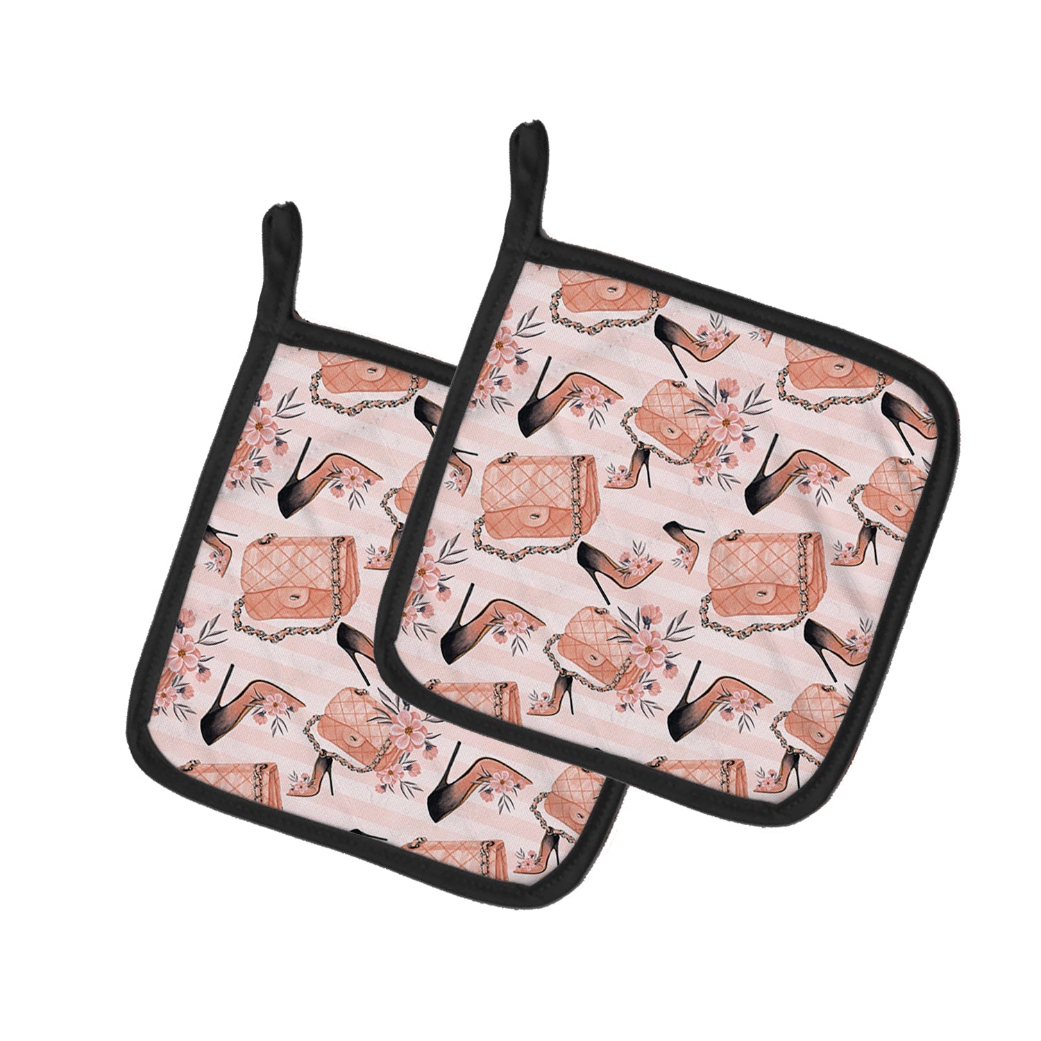 Fashion Diva Shoes and Purses Pot Holder Set of 2 Heat Resistant Quilted Hot Pads 7.5 x 7.5 Inch, Insulated Kitchen Trivets for Cooking & Baking