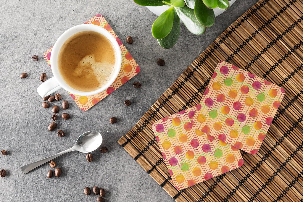 Watercolor Rainbow Dots and Sqiggles Foam Coasters Set of 4 Cup Coasters for Indoor Outdoor, Tabletop Protection, Anti Slip, Mouse pad Material