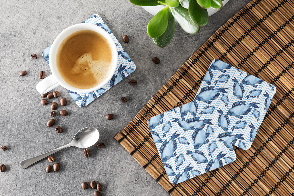 Beach Watercolor Fishes Foam Coasters Set of 4 Cup Coasters for Indoor Outdoor, Tabletop Protection, Anti Slip, Mouse pad Material