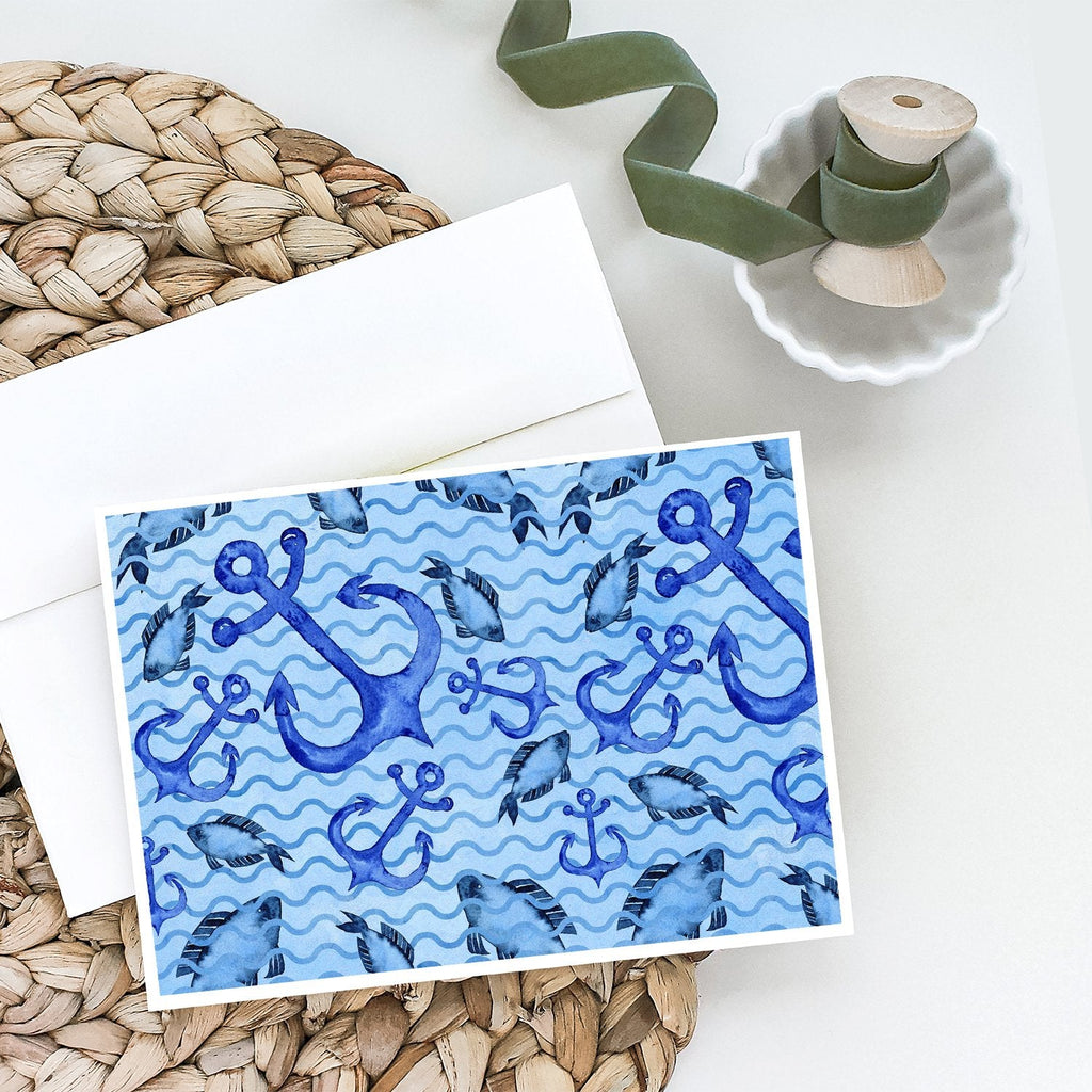 Beach Watercolor Anchors and Fish Greeting Cards Pack of 8 Blank Cards with Envelopes Whimsical A7 Size 5x7