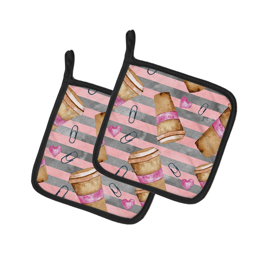 Watercolor Coffee and Paper Clips Pot Holder Set of 2 Heat Resistant Quilted Hot Pads 7.5 x 7.5 Inch, Insulated Kitchen Trivets for Cooking & Baking