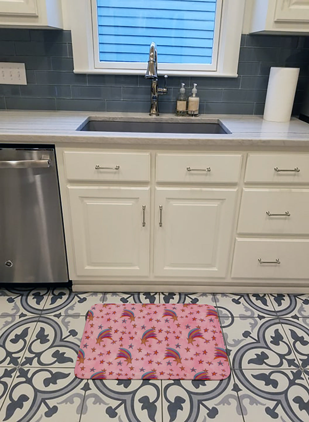 Watercolor Shooting Stars on Pink Memory Foam Kitchen Mat Machine Washable Anti-Fatigue Cushion Comfort Bath or Kitchen Rug