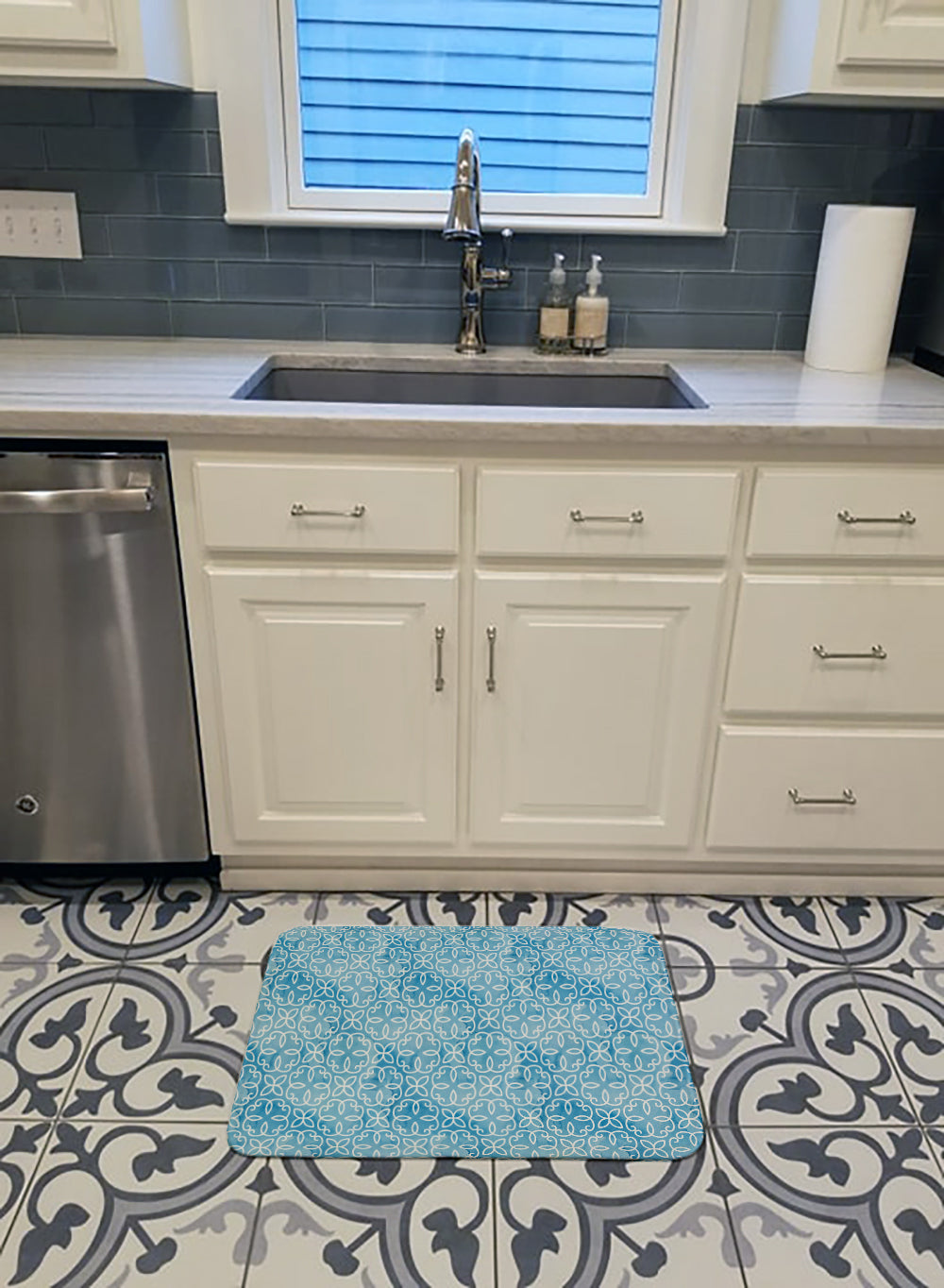 Watercolor Geometric Cirlce on Blue Memory Foam Kitchen Mat Machine Washable Anti-Fatigue Cushion Comfort Bath or Kitchen Rug