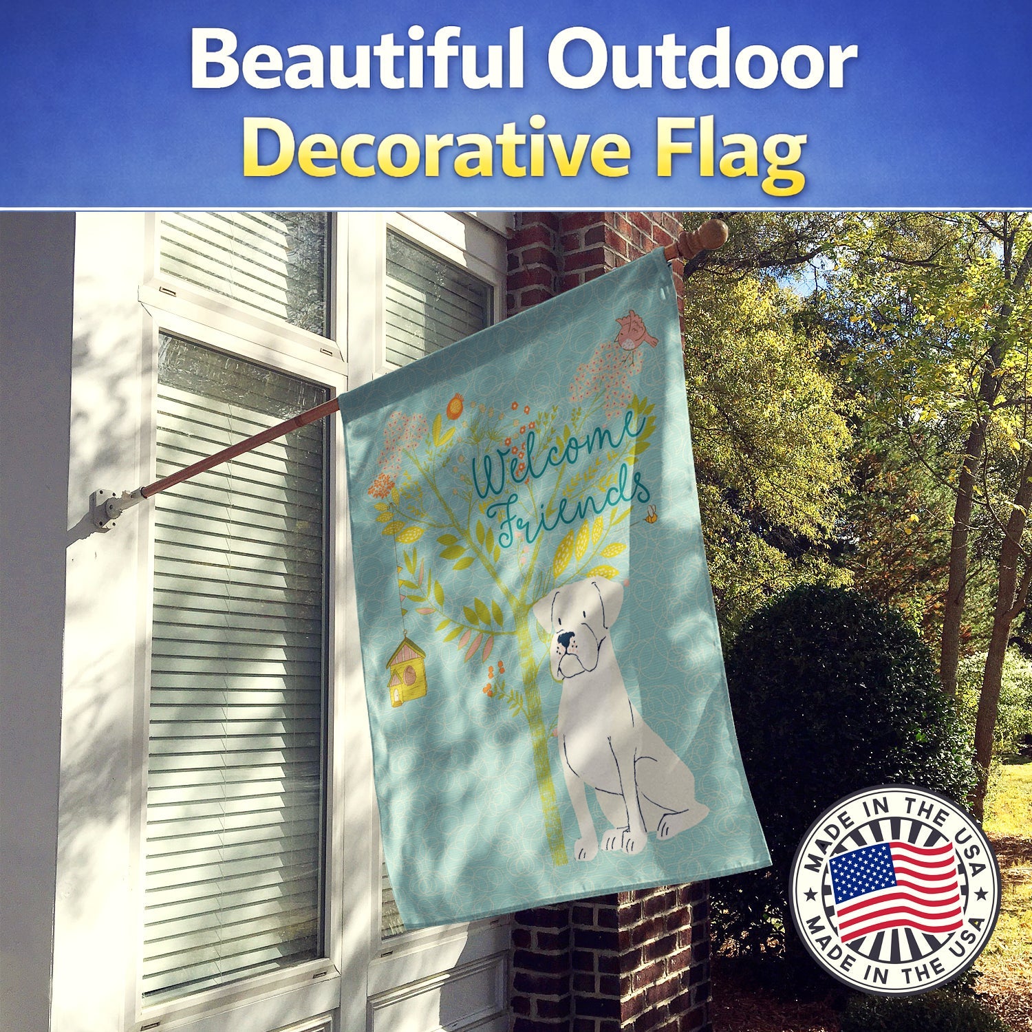 Welcome Friends White Boxer House Flag 28x40 Porch Sleeve Pole Decorative Outside Yard Banner Artwork Wall Hanging, Polyester