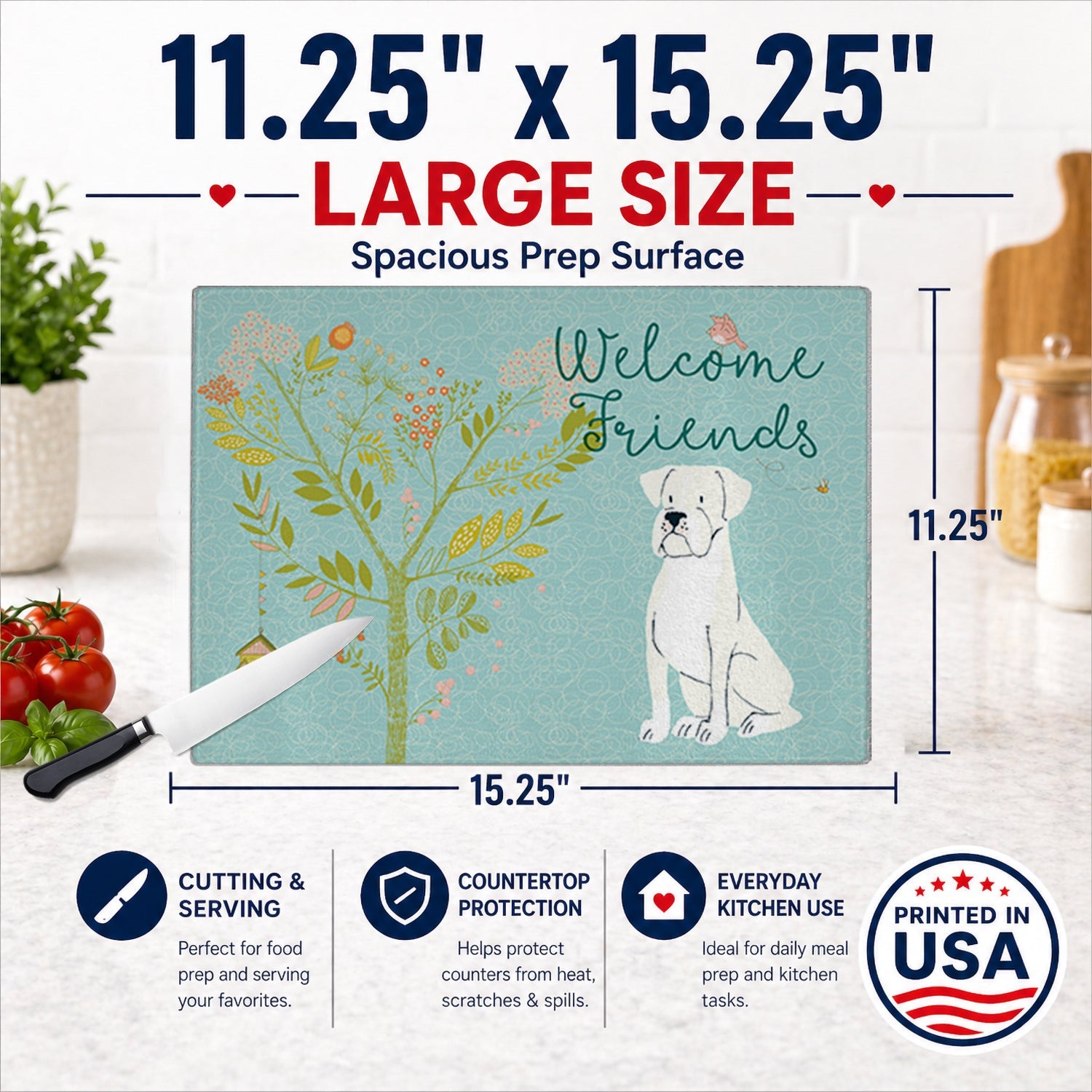 Welcome Friends White Boxer Cutting Board Tempered Glass Kitchen Cutting Surface, Heat Resistant Chopping, Non-Slip Feet, Food Prep & Serving